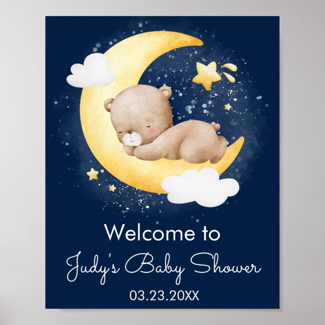 Póster Cute Crescent Navy Moon Teddy Bear Baby Shower (Frente)