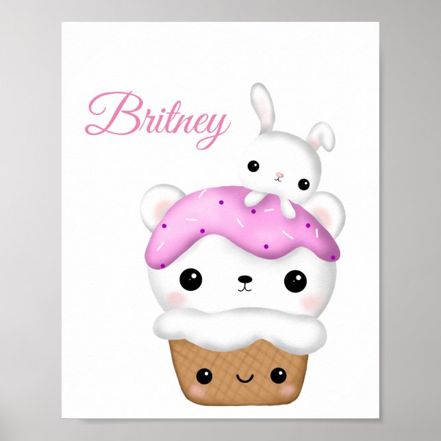 Póster Cute Cupcake kawaii helado personalizado (Frente)