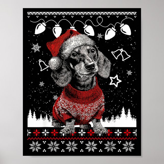 Póster Cute Dachshund Christmas Wearing Sweater Funny Xma (Frente)