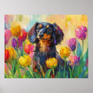 Póster Cute Dachshund Colorful Tulips Pintura