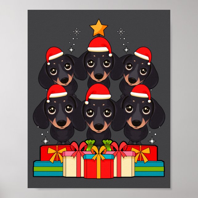 Póster Cute Dachshund Le Doxie Christmas Tree Xmas Hat Lo (Frente)