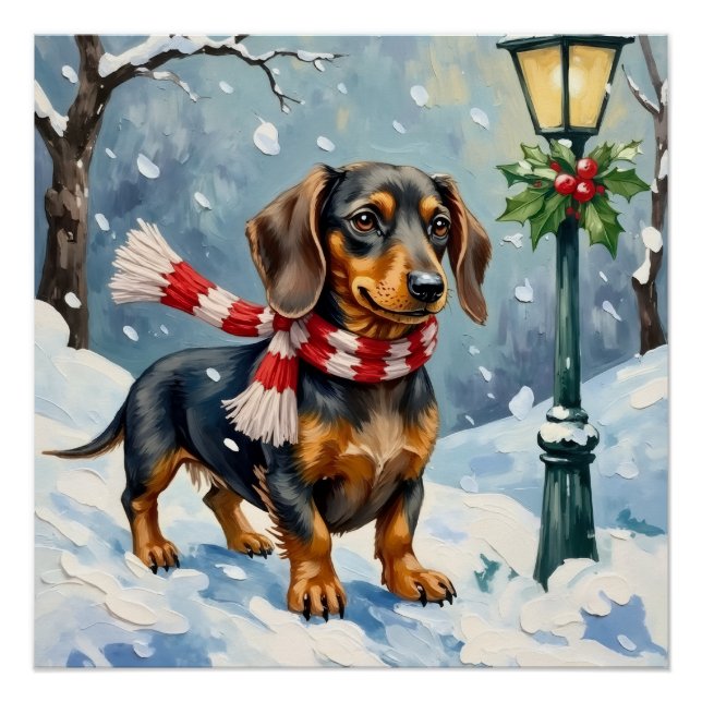 Póster Cute Dachshund Puppy Cozy Winter Scarf Art (Anverso)