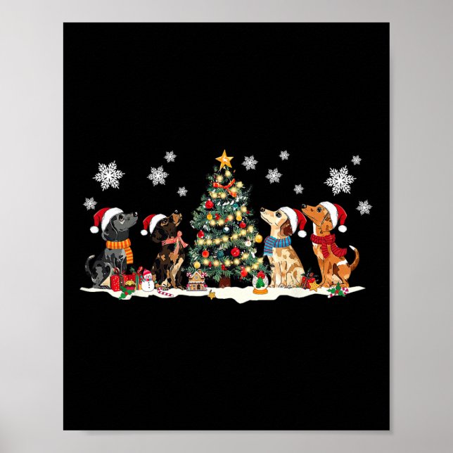 Póster Cute Dachshund Santa Hat Árbol de navidad ilumina  (Frente)
