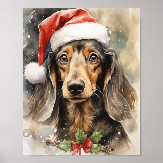 Póster Cute Dachshund Santa Puppy Watercolor Art (Frente)