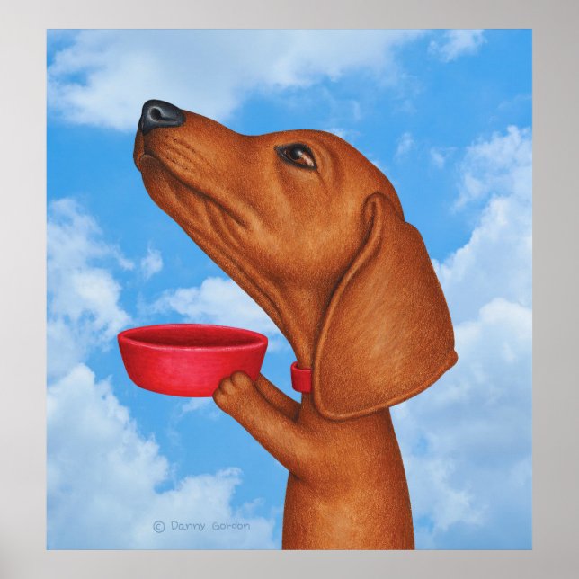 Póster Cute Dachshund sosteniendo el tazón rojo (Frente)