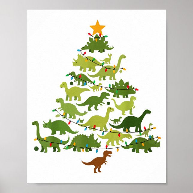 Póster Cute Dino Christmas Tree Merry Dinomas Xmas Lights (Frente)