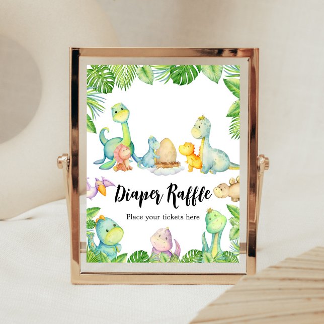 Póster Cute Dinosaur Baby Shower Diaper Raffle (Greenery Dinosaur Baby Shower Diaper Raffle Sign)