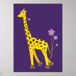Póster Cute divertida Giraffe Roller niños patinando