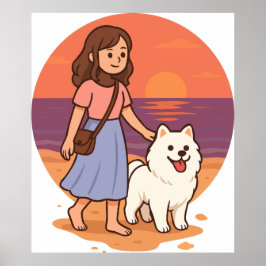 Póster Cute Dog Mom Walking Fluffy Pup on Sunset Beach 