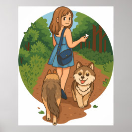 Póster Cute Dog Mom Walking Puppies Forest Trail Illustra