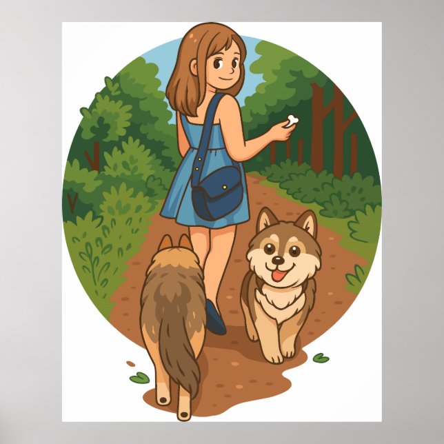 Póster Cute Dog Mom Walking Puppies Forest Trail Illustra (Frente)