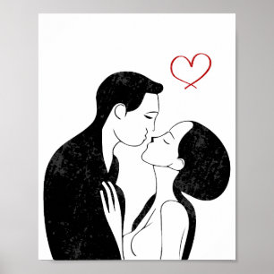 Póster Cute Doodle Love Heart Romantic Couple Kiss