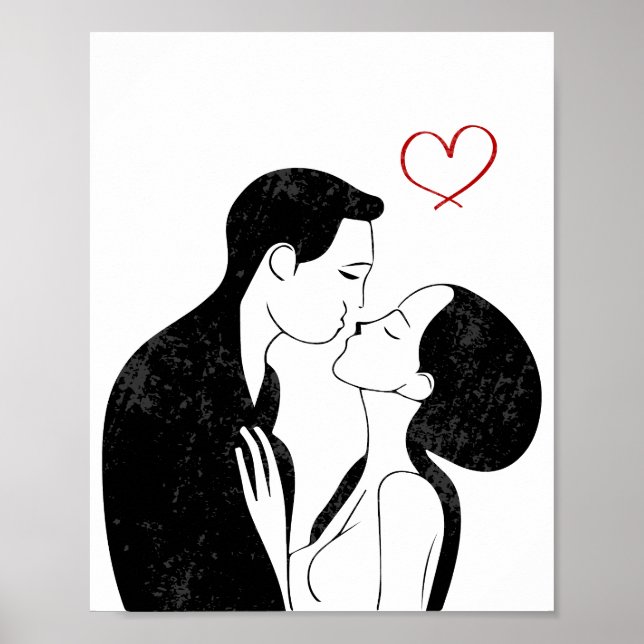 Póster Cute Doodle Love Heart Romantic Couple Kiss (Frente)