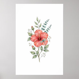 Póster Cute Dragonfly Hibiscus Aquarela Jardín