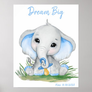 Póster Cute Dream Big Blue Elephant Personalizado