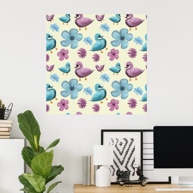 Póster Cute Duck Floral Pattern Aesthetic Pastel Kawaii B (Oficina en casa)