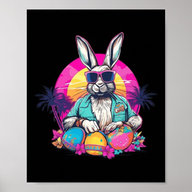 Póster Cute Easter Bunny Retro Miami Luce Huevos Colorido (Frente)