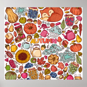 Póster Cute elementos otoñales dibujado a mano