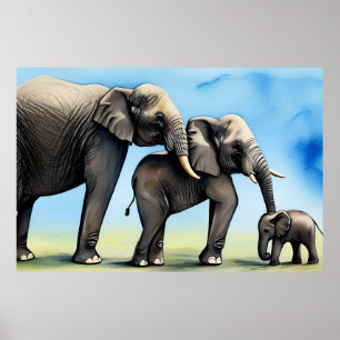 Póster Cute Elephant Family Watercolor