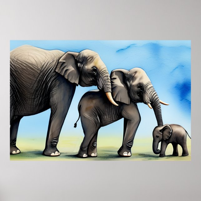 Póster Cute Elephant Family Watercolor (Frente)