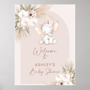 Póster Cute Elephant Floral Boho Arch Baby Shower Welcome