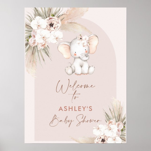 Póster Cute Elephant Floral Boho Arch Baby Shower Welcome (Frente)