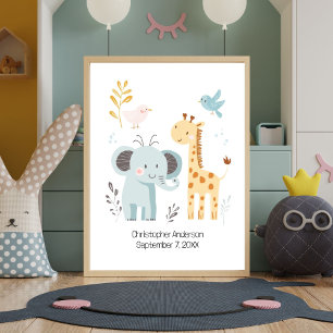 Póster Cute Elephant Giraffe Birds Nursery Personalizado