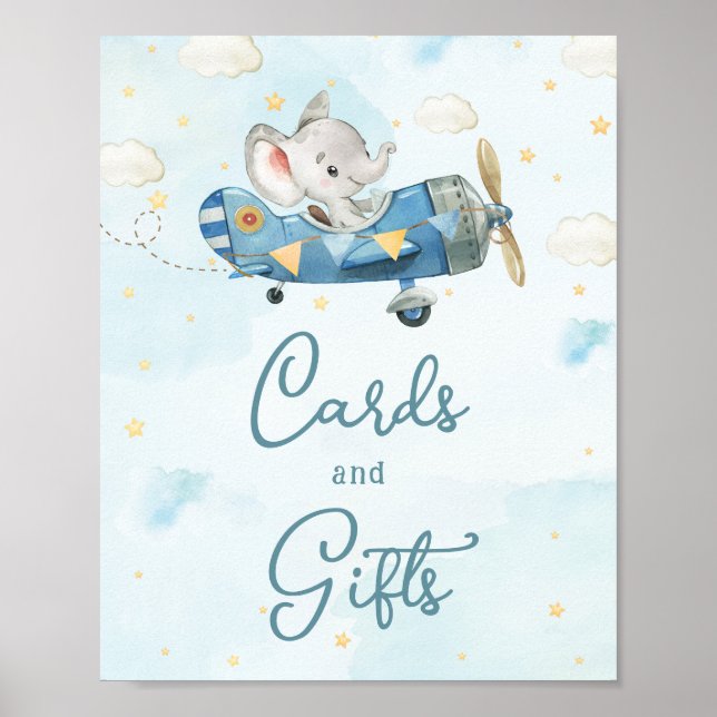 Póster Cute Elephant Plane Adventure Blue Cards y Regalos (Frente)