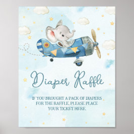 Póster Cute Elephant Plane Adventure Blue Diaper Raffle