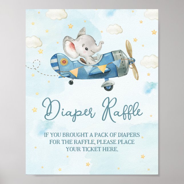 Póster Cute Elephant Plane Adventure Blue Diaper Raffle (Frente)