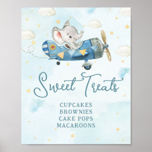 Póster Cute Elephant Plane Adventure Blue Sweet Tratos