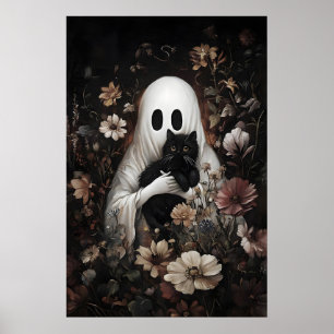Póster Cute fantasma abraza gato negro impresión, Hallowe