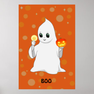 Póster Cute fantasma de Halloween y calabaza en naranja