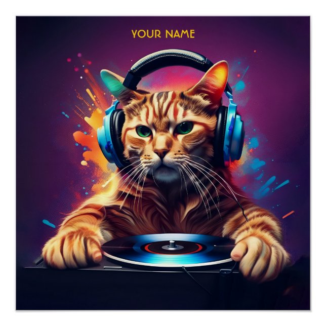 Póster Cute Fantasy Cat DJ Vinyl (Anverso)