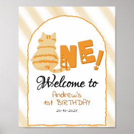 Póster Cute Fat Orange Cat 1st Birthday Welcome Sign
