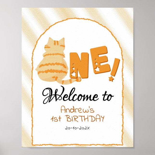 Póster Cute Fat Orange Cat 1st Birthday Welcome Sign (Frente)
