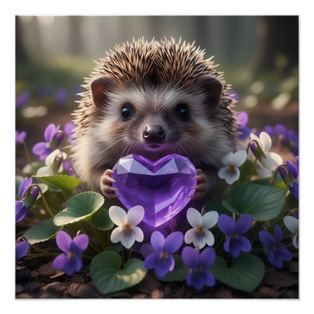Póster Cute February Hedgehog with Amethyst Heart (Anverso)