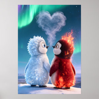 Póster Cute Fire and Ice Penguin Northern Lights