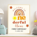 Póster Cute First Birthday with Boho Style Onederful<br><div class="desc">Celebrate your baby's first birthday with our boho-style design featuring the phrase "ONE-DERFUL" in retro typography and a boho-style sunburst. This design is perfect for celebrating your little one. The design features retro colors and can be personalized with your party details. Don't hesitate; get yours now!</div>