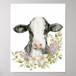 Póster Cute Floral Black Cow Poster Print
