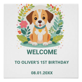 Póster Cute Floral Dog Puppy Baby Boys Birthday Welcome
