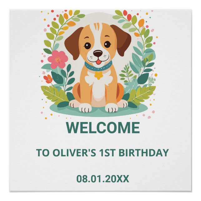 Póster Cute Floral Dog Puppy Baby Boys Birthday Welcome (Anverso)
