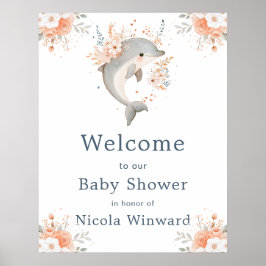 Póster Cute Floral Dolphin Baby Shower Welcome