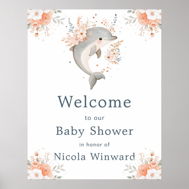 Póster Cute Floral Dolphin Baby Shower Welcome (Frente)