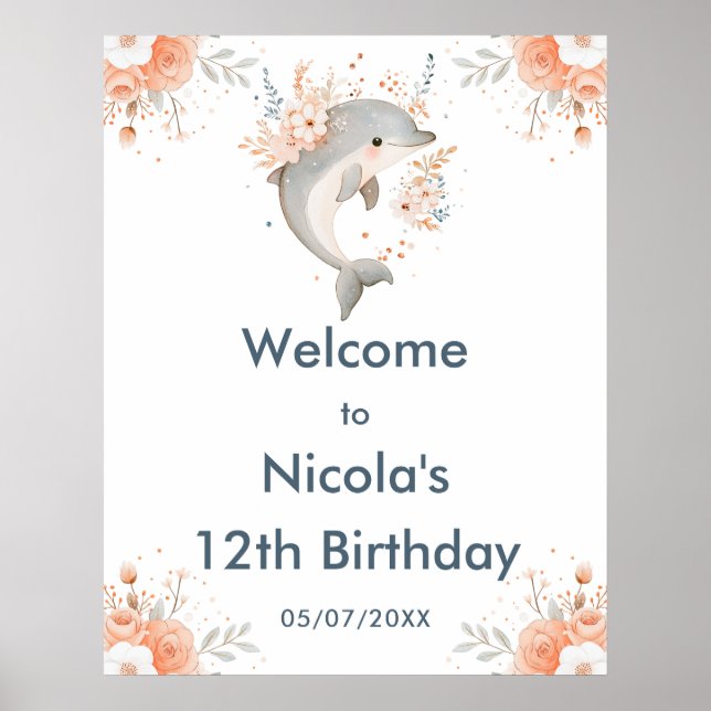 Póster Cute Floral Dolphin Birthday Party Welcome (Frente)