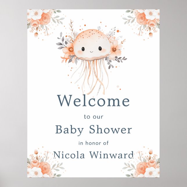 Póster Cute Floral Jellyfish Baby Shower Welcome (Frente)