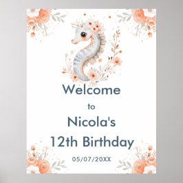 Póster Cute Floral Seahorse Birthday Party Welcome