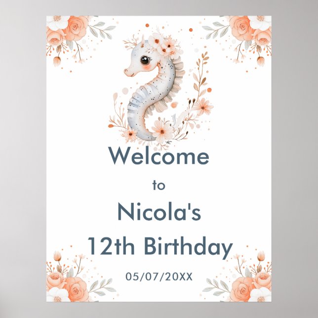 Póster Cute Floral Seahorse Birthday Party Welcome (Frente)