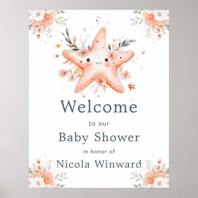 Póster Cute Floral Starfish Baby Shower Welcome (Frente)