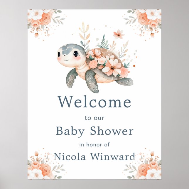 Póster Cute Floral Turtle Baby Shower Welcome (Frente)